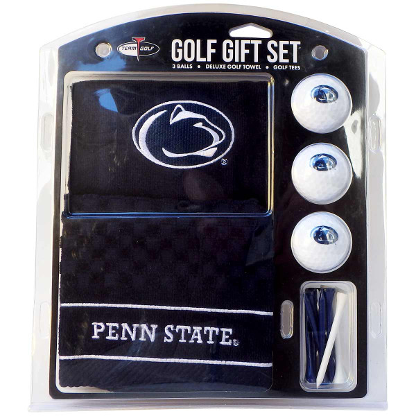 golf gift set with deluxe towel with embroidered Penn State and Athletic Logo, 3 balls, and tees